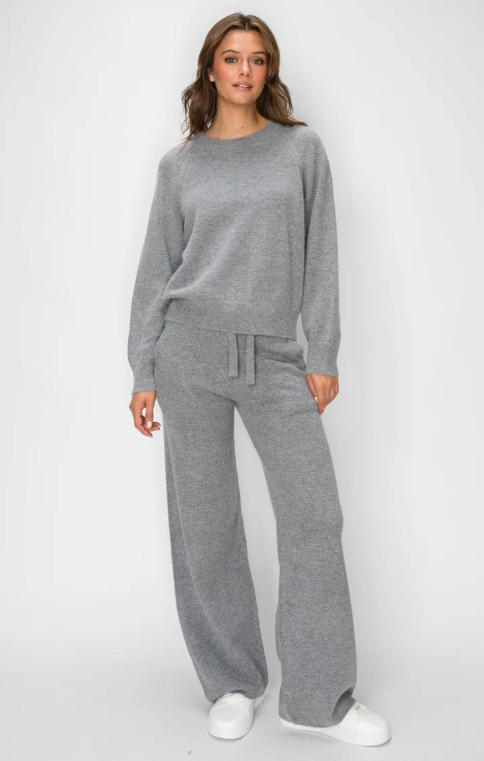 Women's grey Angora Cashmere Waffle Pullover with crew neckline, long sleeves, relaxed fit, and subtle textured knit