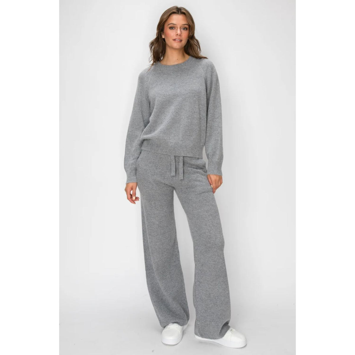 Women's grey Angora Cashmere Waffle Pullover with crew neckline, long sleeves, relaxed fit, and subtle textured knit