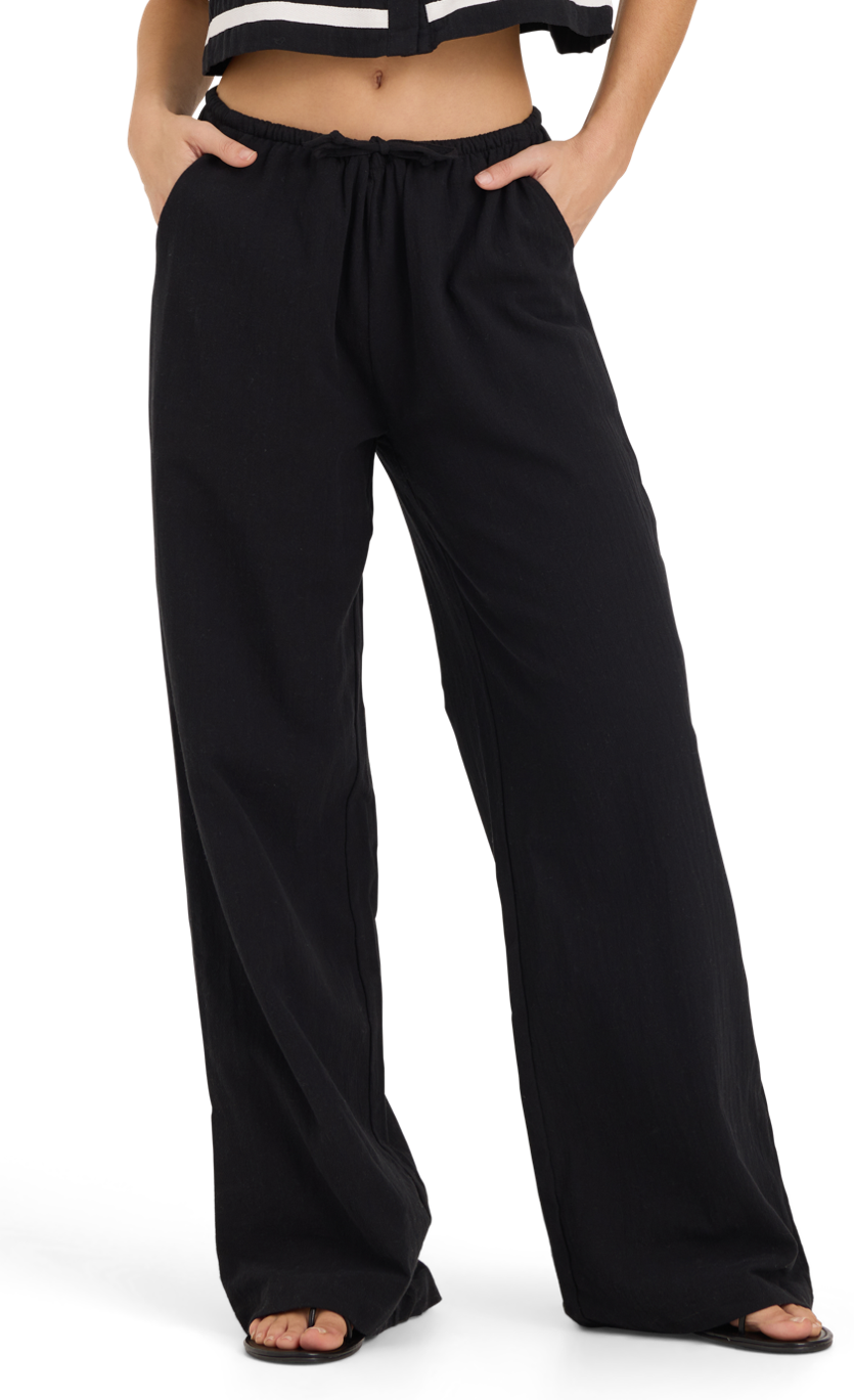 Relaxed linen wide leg pants with a lightweight feel and easy pull-on waistband.