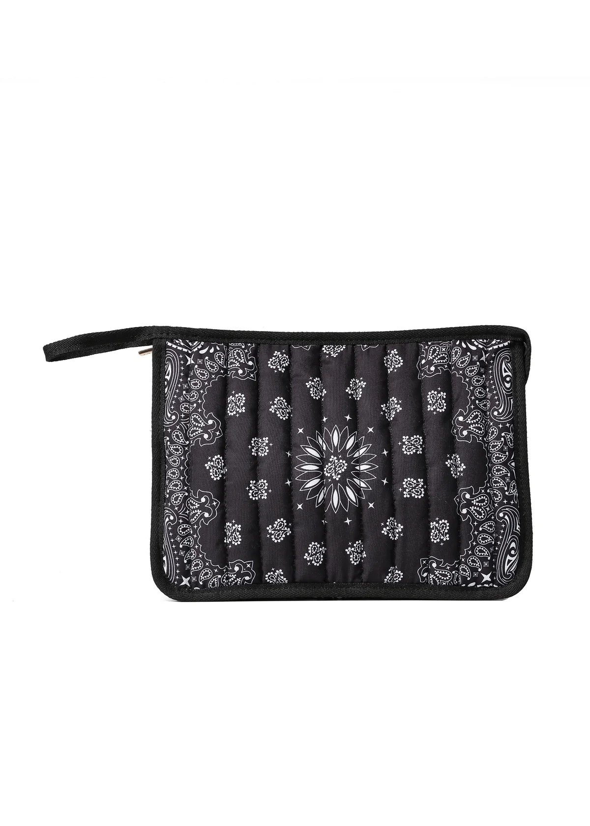 Quilted zip pouch with a bandana-inspired print, wristlet strap, and compact rectangular silhouette for easy organization.