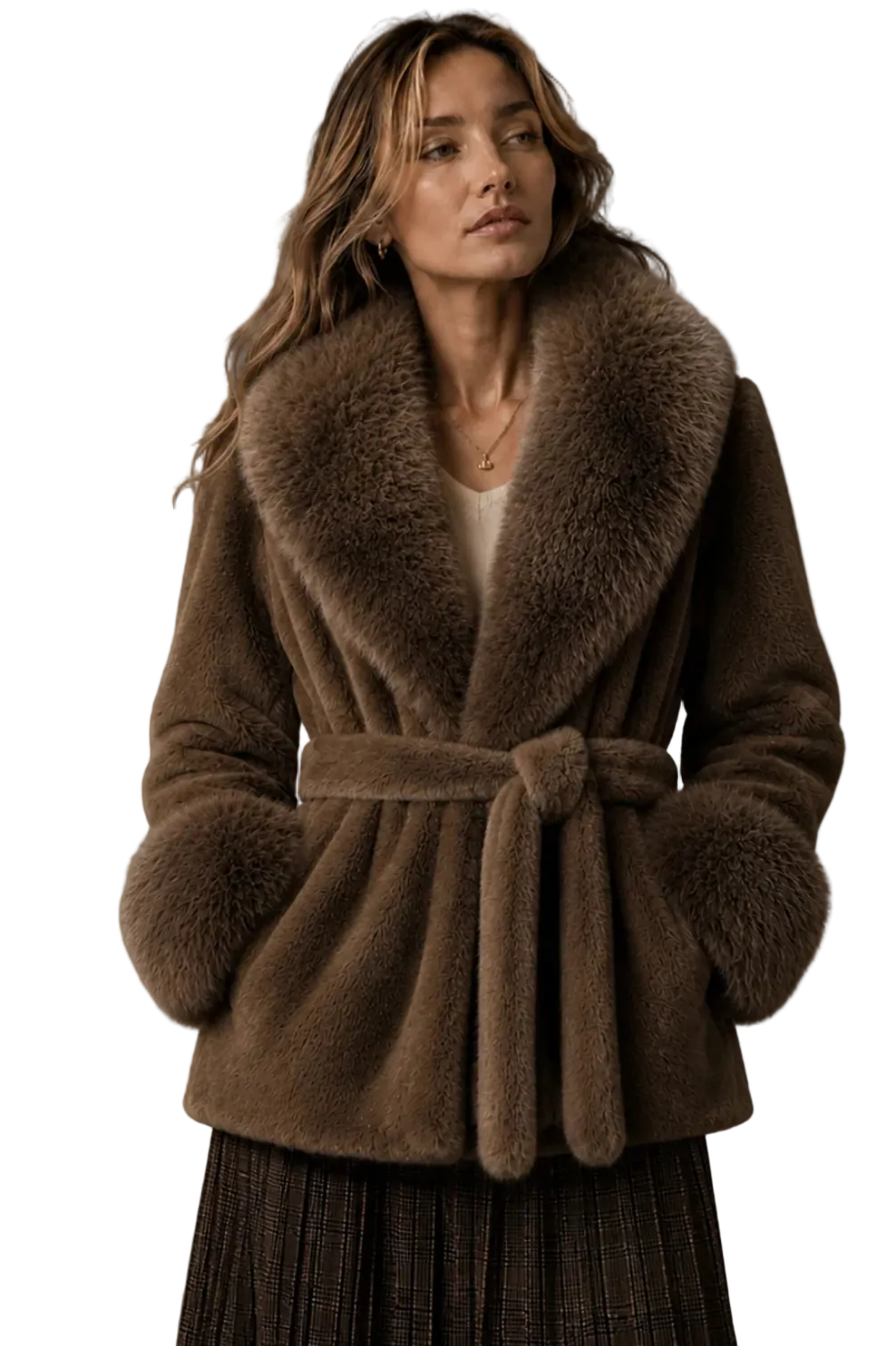 Plush faux fur coat with oversized collar, self-tie belt, and contrast-trim cuffs.