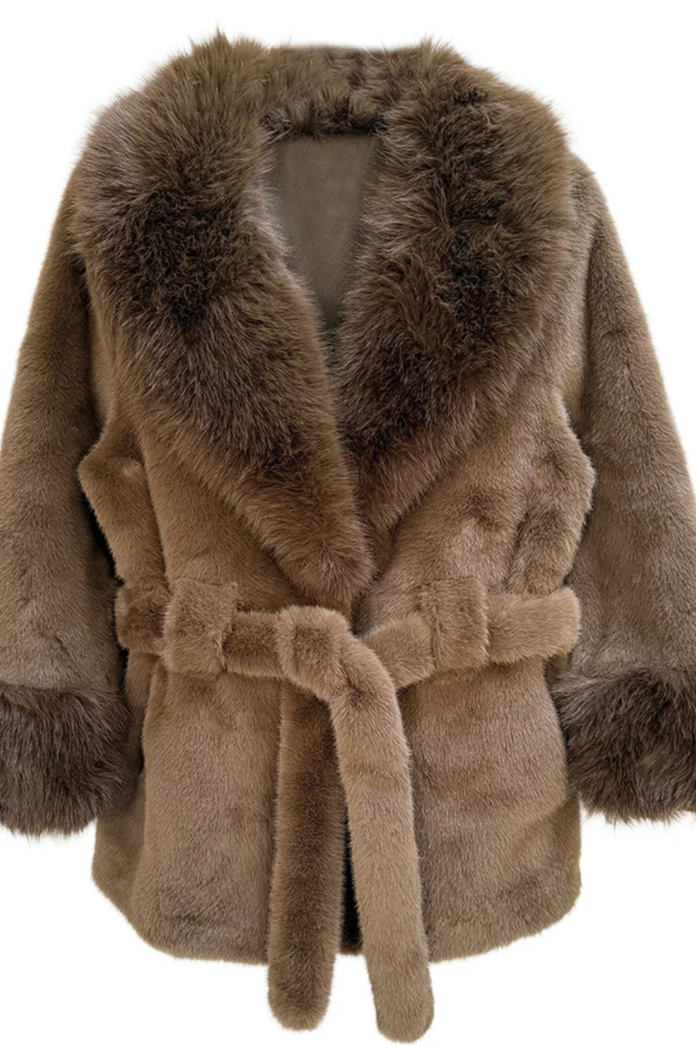 Plush faux fur coat with oversized collar, self-tie belt, and contrast-trim cuffs.