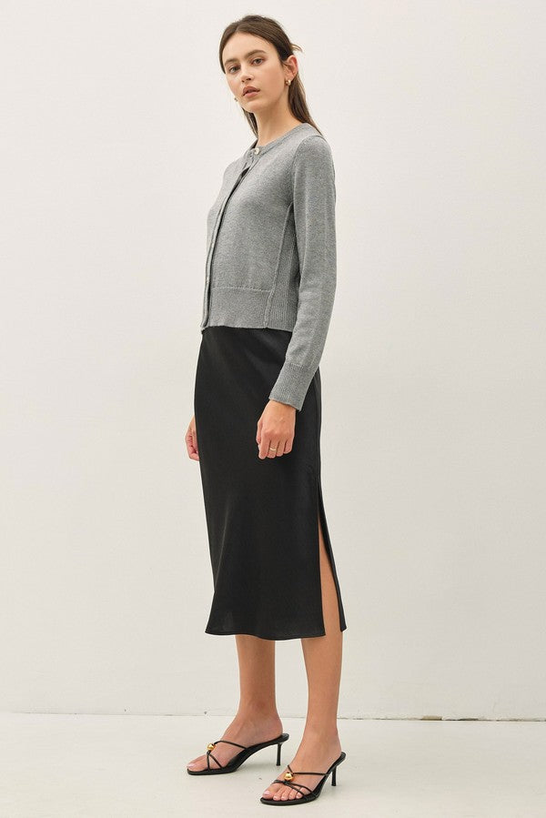 Be Cool Satin A-Line Midi Skirt with Elastic Waistline in Black, side view