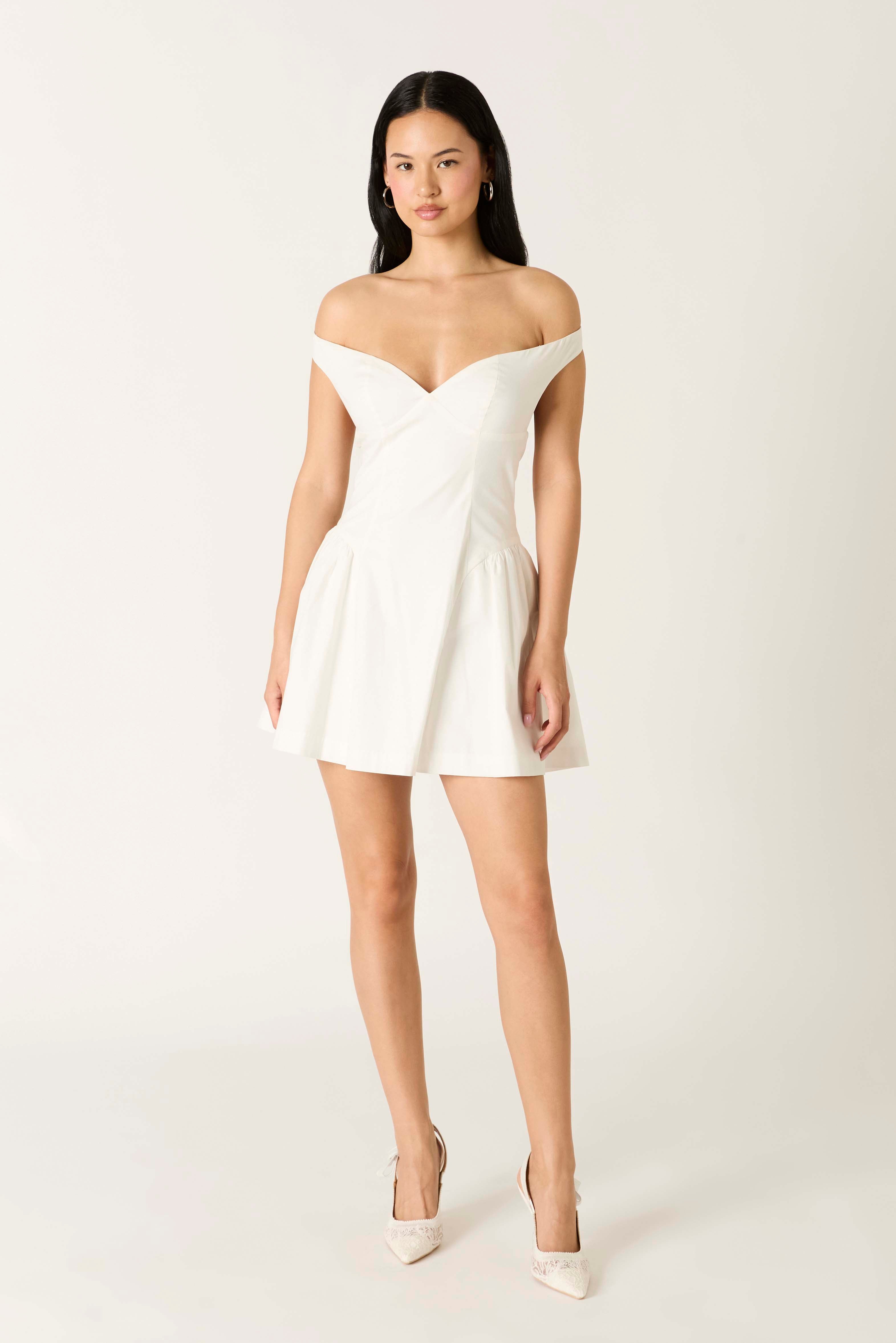 Off-the-shoulder mini dress with fitted bodice and flared skirt