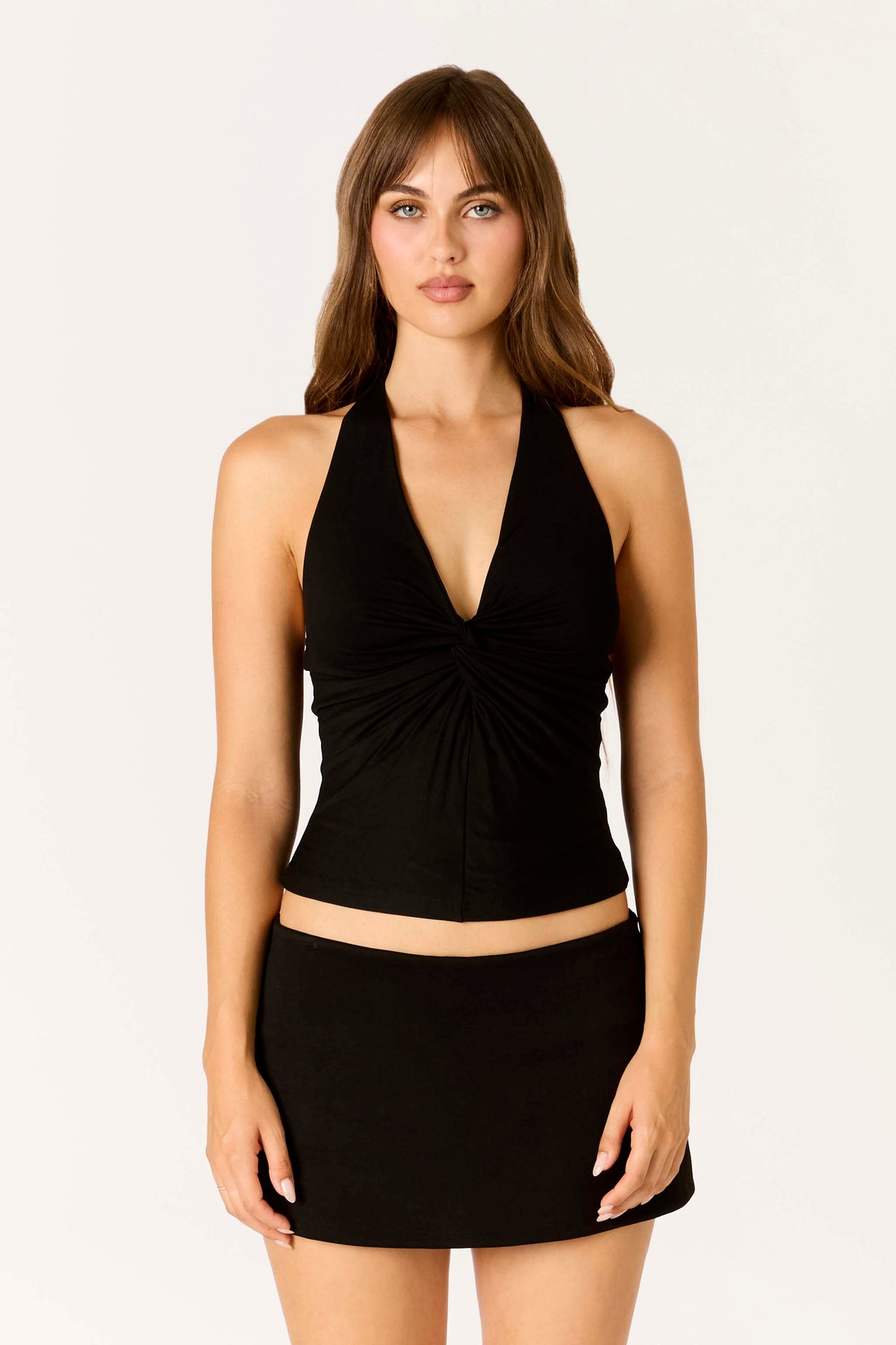 Cotton Candy LA Halter Neck Top in Black, front view