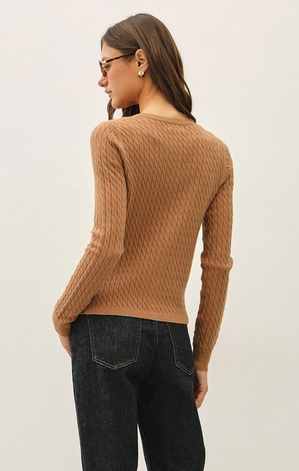 Be Cool Cable Knit Ribbed Classic Cut Button Up Cardigan in Camel, back view