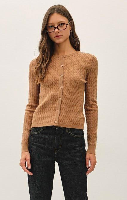 Be Cool Cable Knit Ribbed Classic Cut Button Up Cardigan in Camel, front view