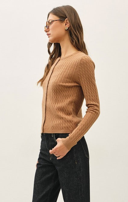 Be Cool Cable Knit Ribbed Classic Cut Button Up Cardigan in Camel, side view