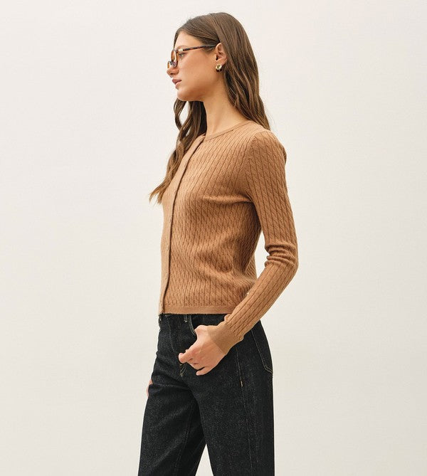 Be Cool Cable Knit Ribbed Classic Cut Button Up Cardigan in Camel, side view