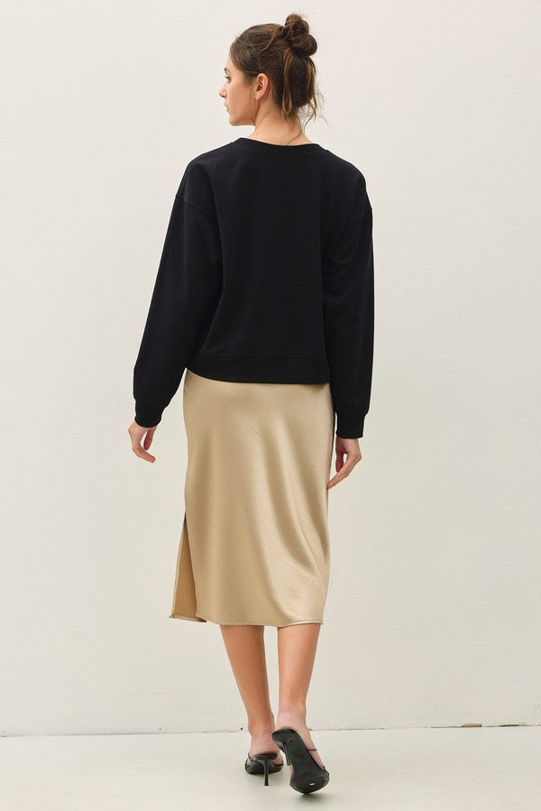 Be Cool Satin A-Line Midi Skirt with Elastic Waistline in Champagne Gold, back view