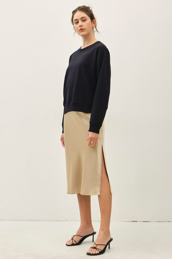 Be Cool Satin A-Line Midi Skirt with Elastic Waistline in Champagne Gold, side view