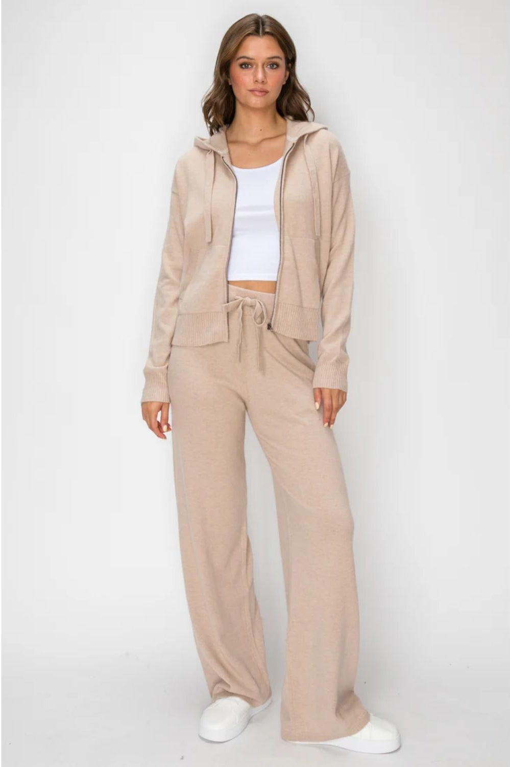 Women's Cloudmere Zip Hoodie in Oat Melange featuring a front zipper, drawstring hood, relaxed fit, and ribbed cuffs.
