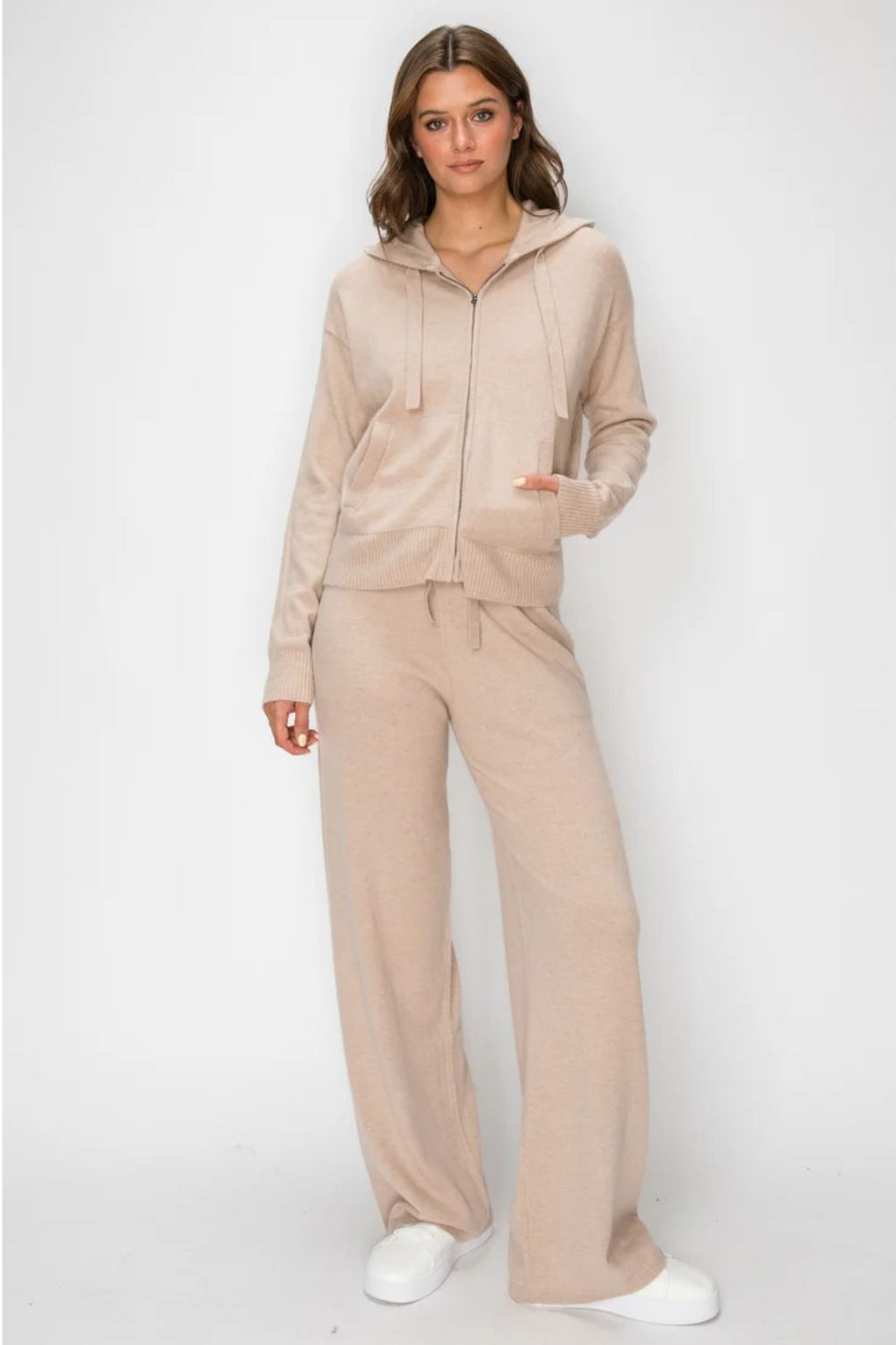 Women's Cloudmere Zip Hoodie in Oat Melange featuring a front zipper, drawstring hood, relaxed fit, and ribbed cuffs.