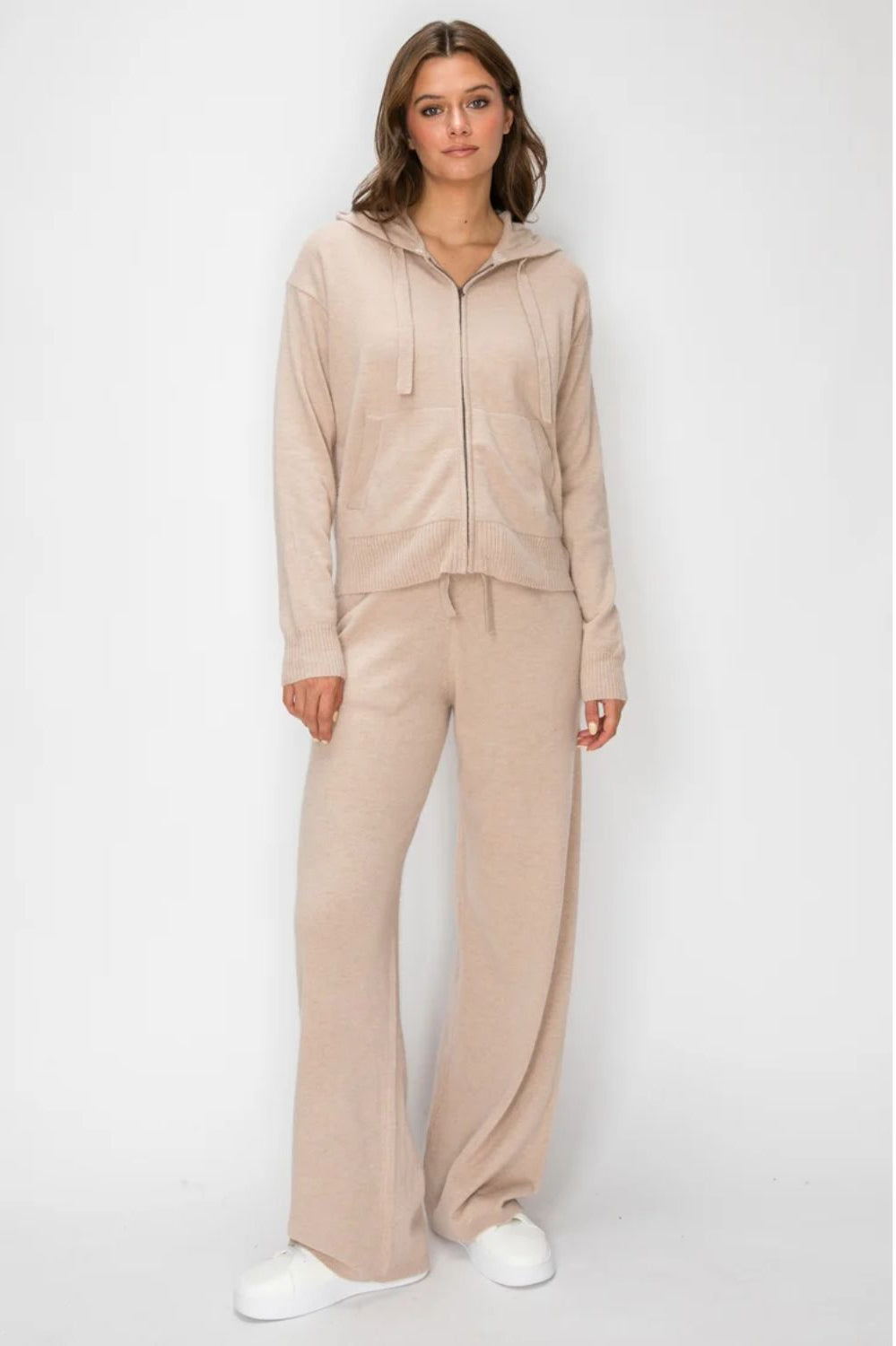 Women's Cloudmere Zip Hoodie in Oat Melange featuring a front zipper, drawstring hood, relaxed fit, and ribbed cuffs.