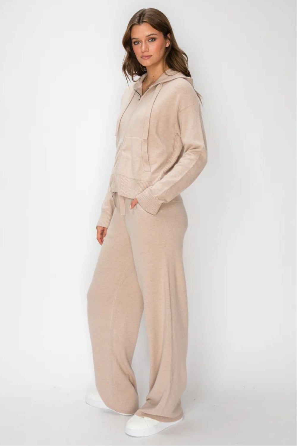 Women's Cloudmere Zip Hoodie in Oat Melange featuring a front zipper, drawstring hood, relaxed fit, and ribbed cuffs.