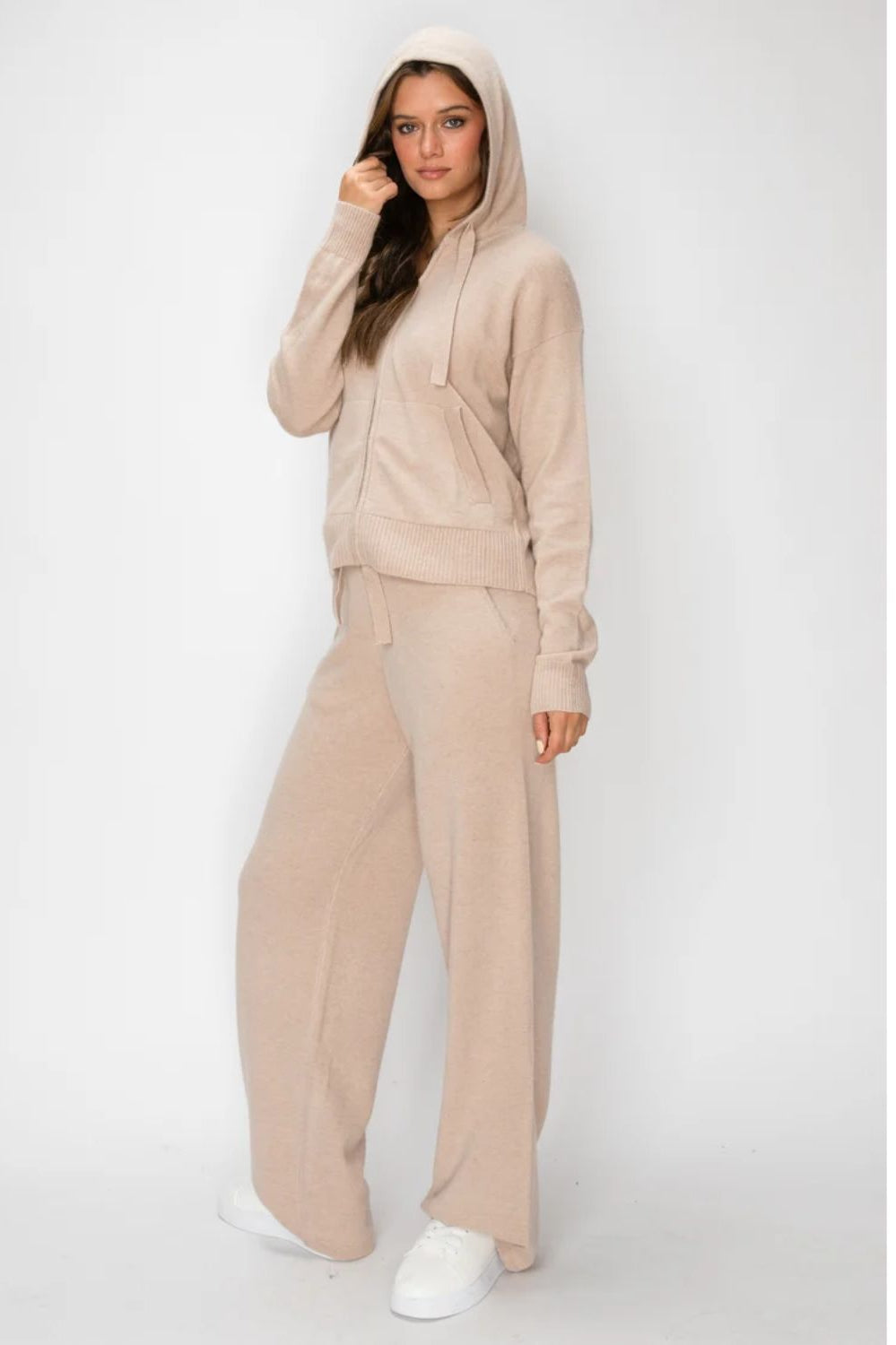 Women's Cloudmere Zip Hoodie in Oat Melange featuring a front zipper, drawstring hood, relaxed fit, and ribbed cuffs.