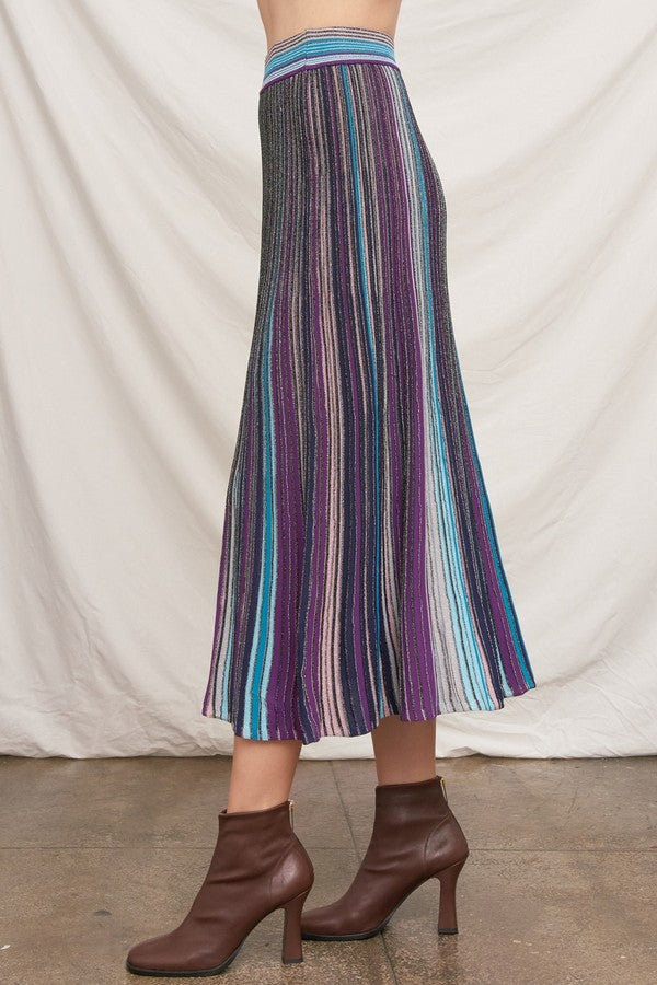 En Creme Multicolor Striped Knit Midi Skirt in Black, side view of skirt