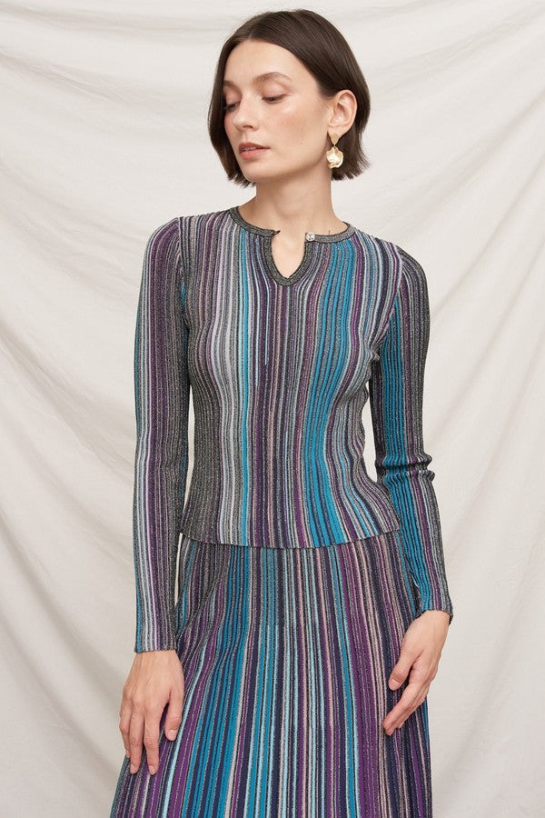 En Creme Multicolor Striped Knit Top in Black, front view