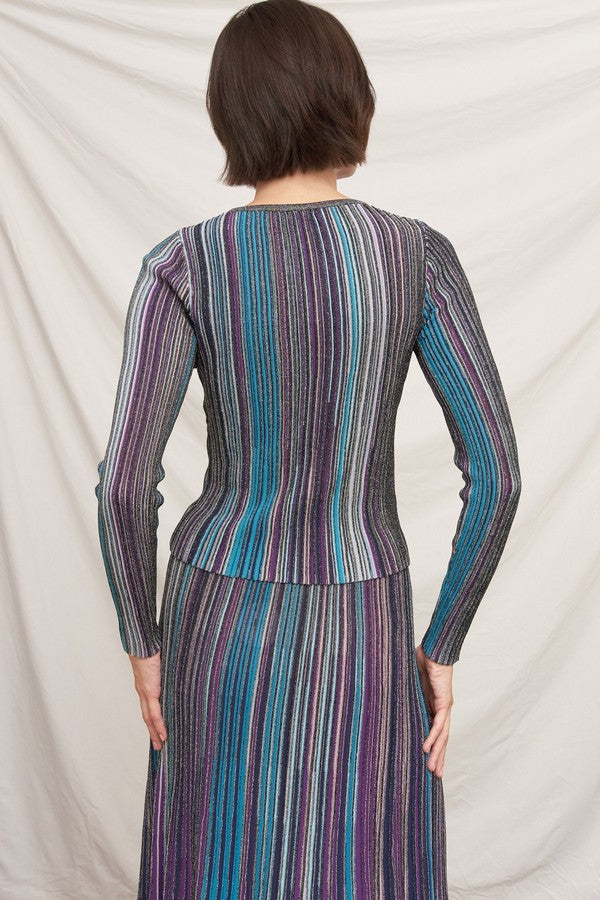 En Creme Multicolor Striped Knit Top in Black, close-up back view