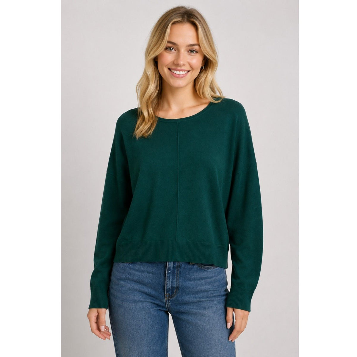 Basic Round Neck Pullover with a fitted silhouette, lightweight knit, classic round neckline, and clean front seam detailing.