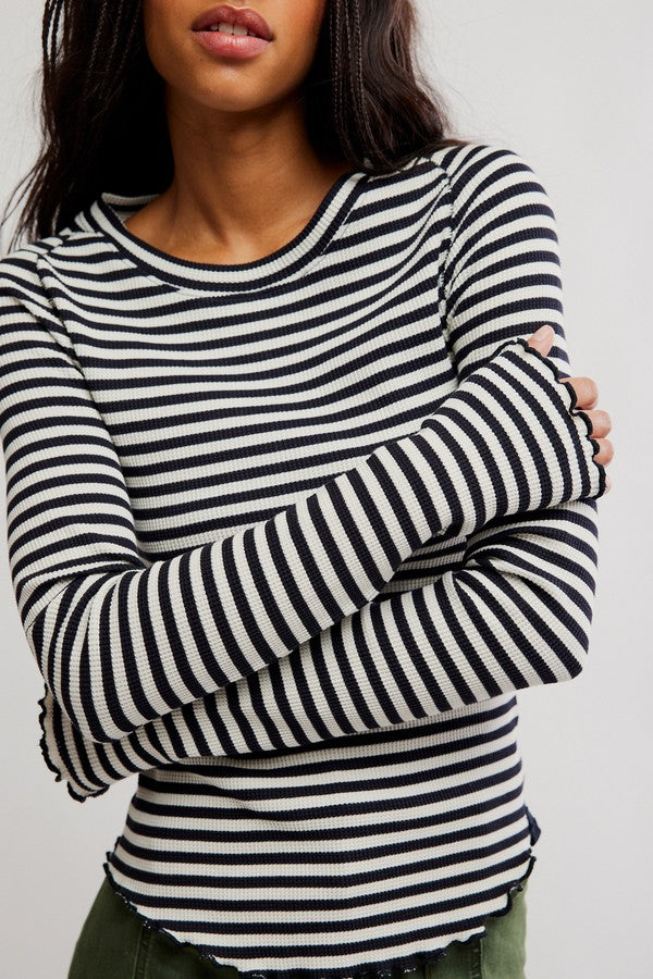 Free People Easy Does It Stripe Tee in White Black, detail of the stripes and sleeve