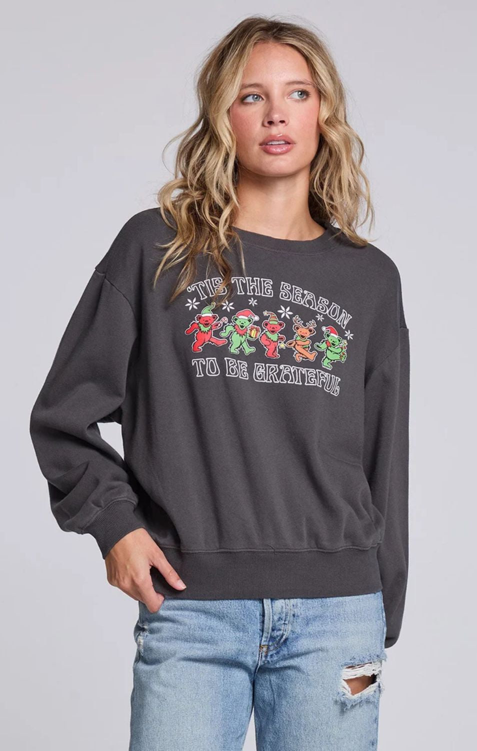 Grateful Dead Tis The Season Pullover in Fresh Gravel with colorful holiday dancing bears graphic and long sleeves