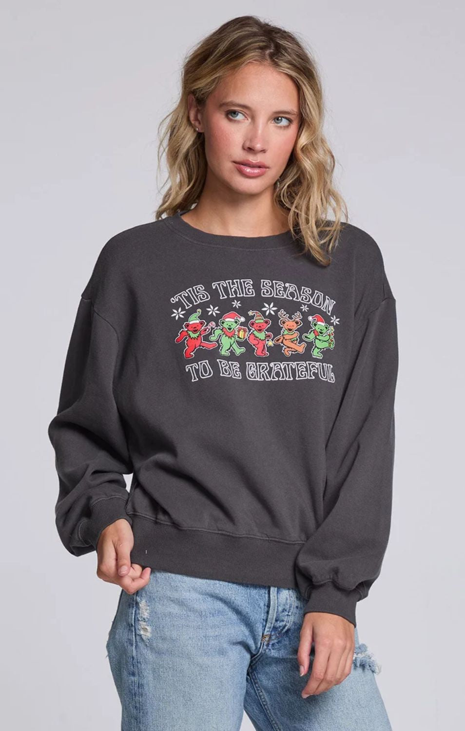 Grateful Dead Tis The Season Pullover in Fresh Gravel with colorful holiday dancing bears graphic and long sleeves