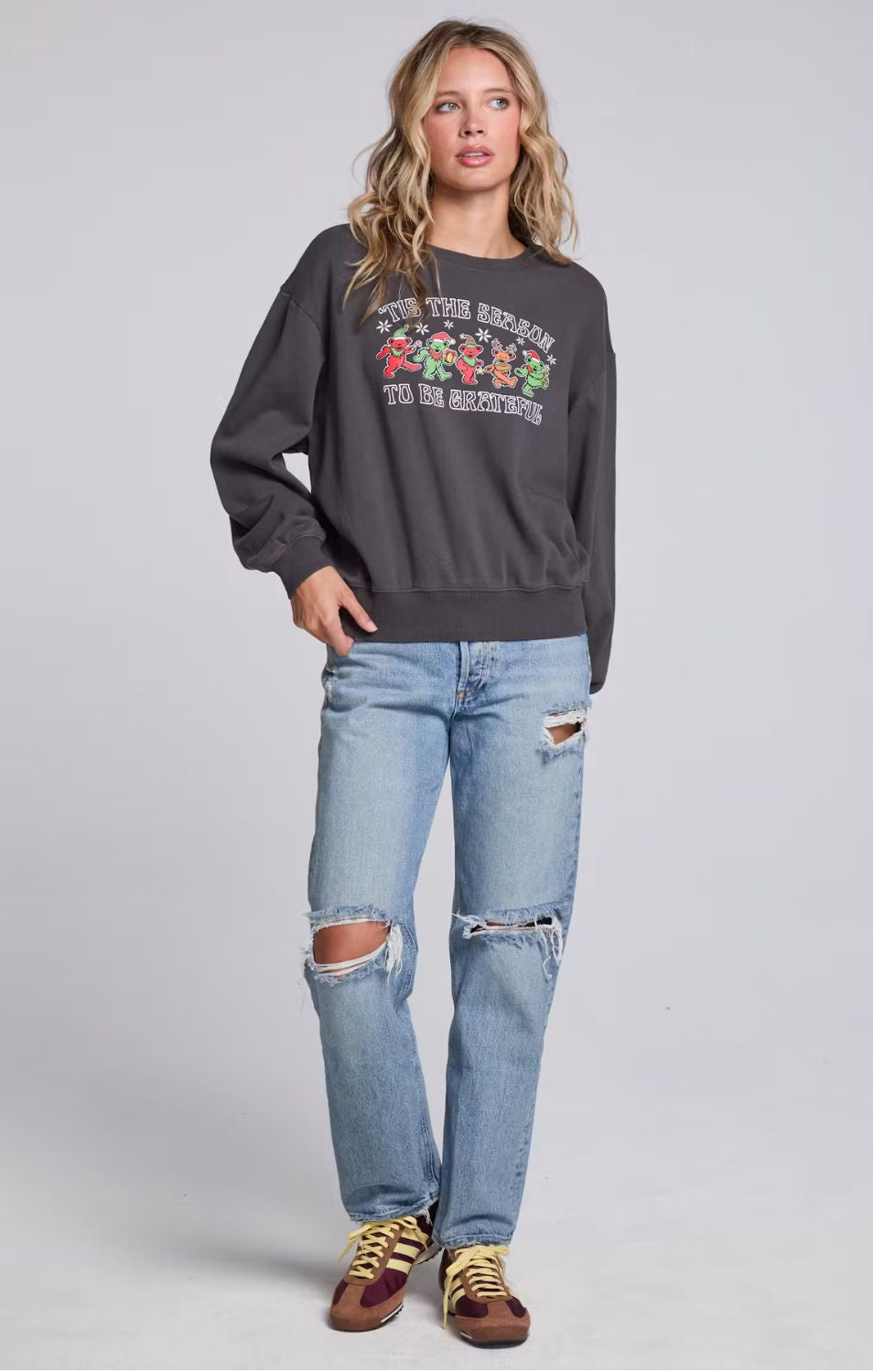 Grateful Dead Tis The Season Pullover in Fresh Gravel with colorful holiday dancing bears graphic and long sleeves