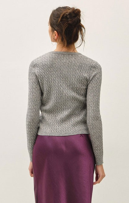 Be Cool Cable Knit Ribbed Classic Cut Button Up Cardigan in Heather Grey, back view