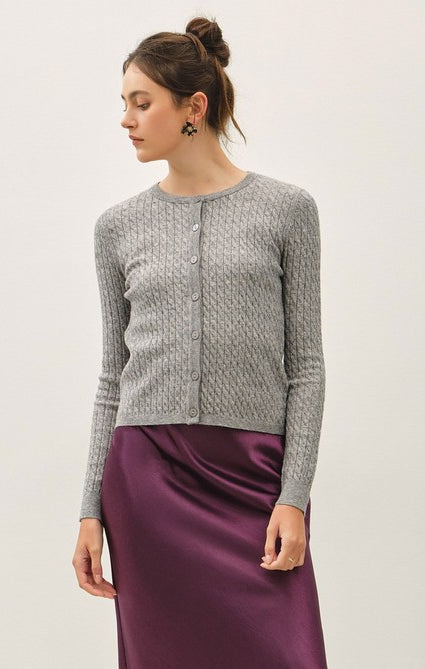Be Cool Cable Knit Ribbed Classic Cut Button Up Cardigan in Heather Grey, front view
