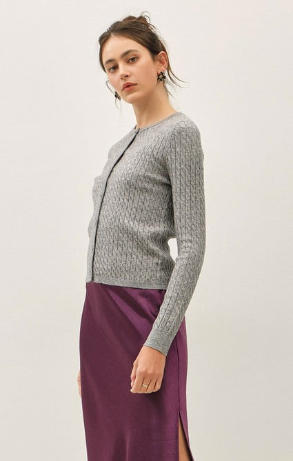 Be Cool Cable Knit Ribbed Classic Cut Button Up Cardigan in Heather Grey, side view