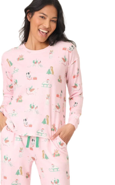 pink dog pajama top, holiday dog print pj top, women’s christmas pajama top, cute dog print loungewear, festive holiday sleep top, pink christmas pjs women, cozy ribbed pajama top, women’s holiday long sleeve pajamas, dog lover christmas pajamas, winter sleepwear top women, cute pink holiday pajamas, novelty dog print pj top, matching holiday pajama set, soft ribbed lounge top, christmas morning pajama top