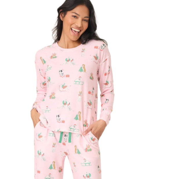 pink dog pajama top, holiday dog print pj top, women’s christmas pajama top, cute dog print loungewear, festive holiday sleep top, pink christmas pjs women, cozy ribbed pajama top, women’s holiday long sleeve pajamas, dog lover christmas pajamas, winter sleepwear top women, cute pink holiday pajamas, novelty dog print pj top, matching holiday pajama set, soft ribbed lounge top, christmas morning pajama top