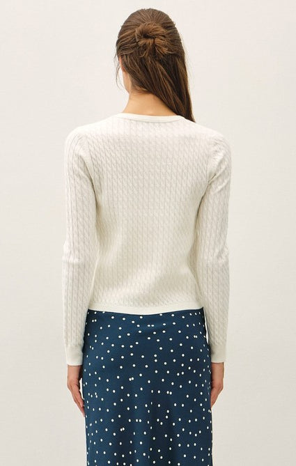 Be Cool Cable Knit Ribbed Classic Cut Button Up Cardigan in Ivory, back view