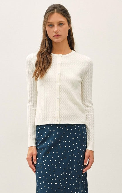 Be Cool Cable Knit Ribbed Classic Cut Button Up Cardigan in Ivory, front view