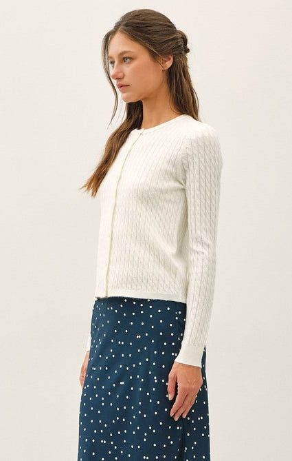 Be Cool Cable Knit Ribbed Classic Cut Button Up Cardigan in Ivory, side view