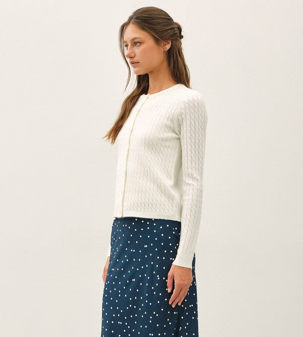 Be Cool Cable Knit Ribbed Classic Cut Button Up Cardigan in Ivory, side view