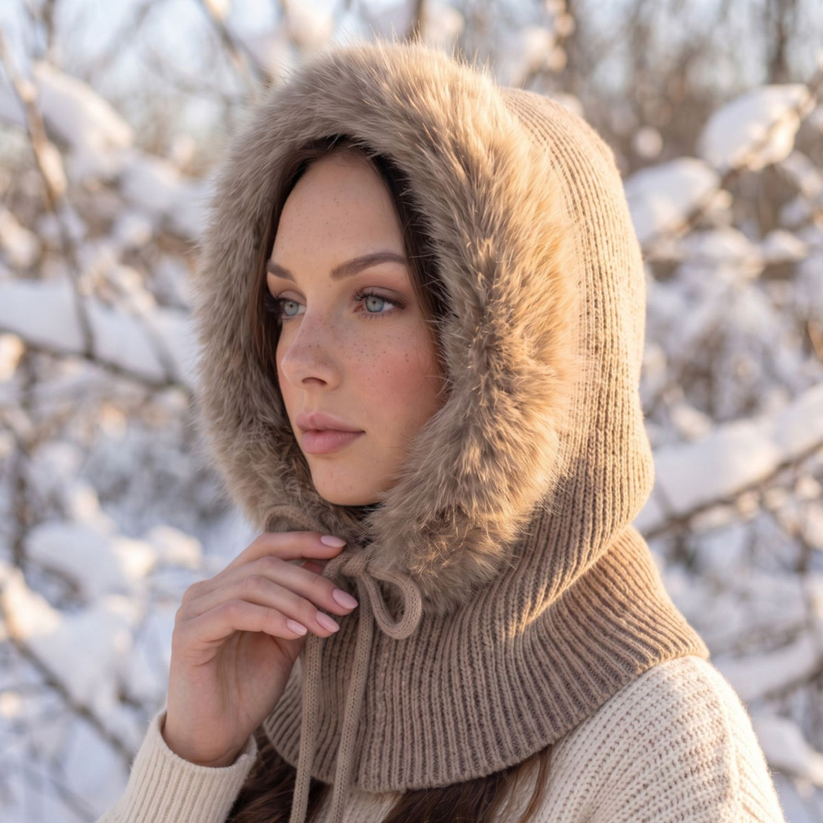 Knit balaclava with plush long-pile trim, ribbed shoulder cape, and tie neckline.