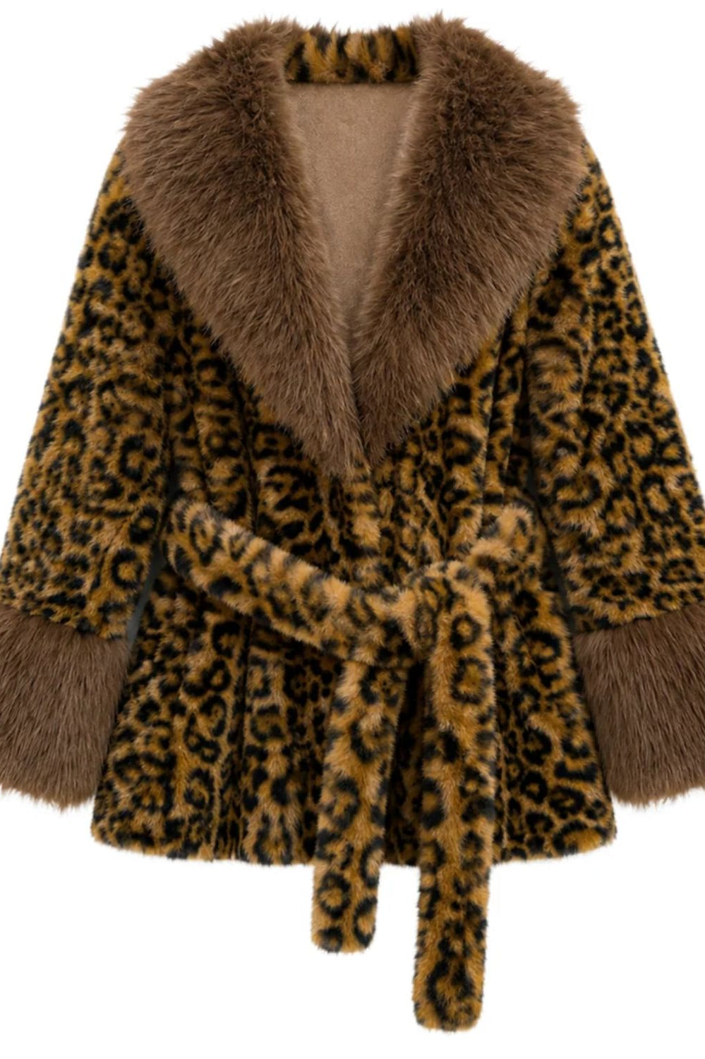Leopard print faux fur wrap coat with brown shawl collar, fur cuffs, and self-tie belt.