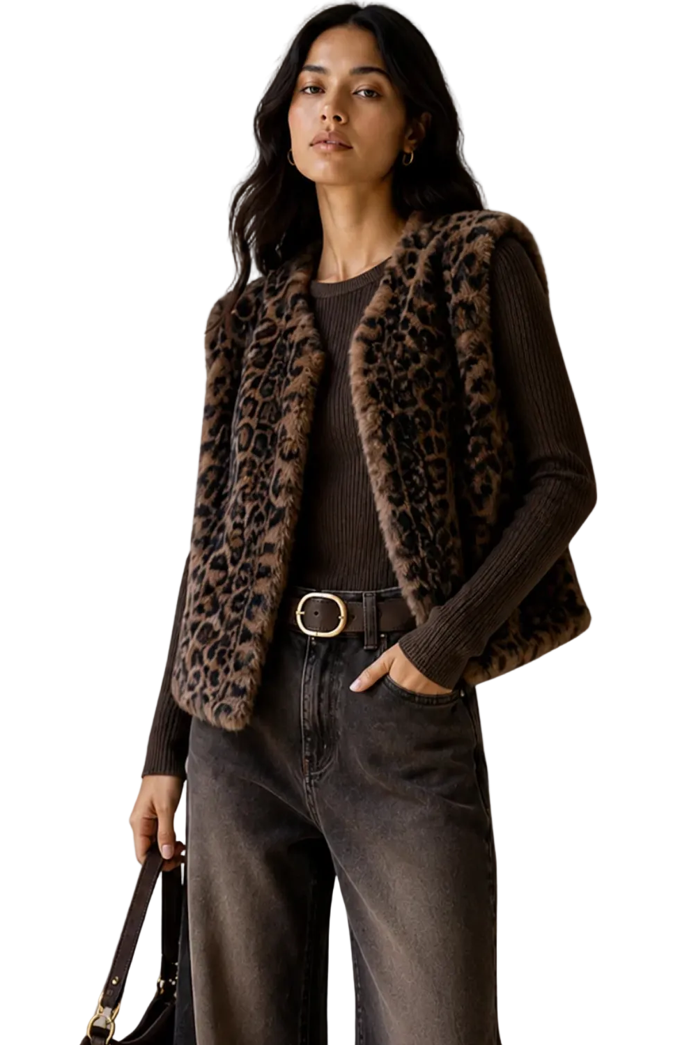 Leopard print faux fur vest with plush texture, sleeveless silhouette, and open-front design.