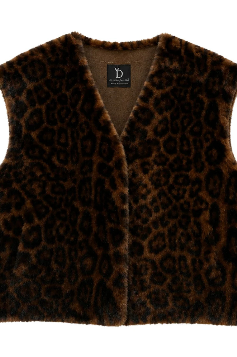 Leopard print faux fur vest with plush texture, sleeveless silhouette, and open-front design.