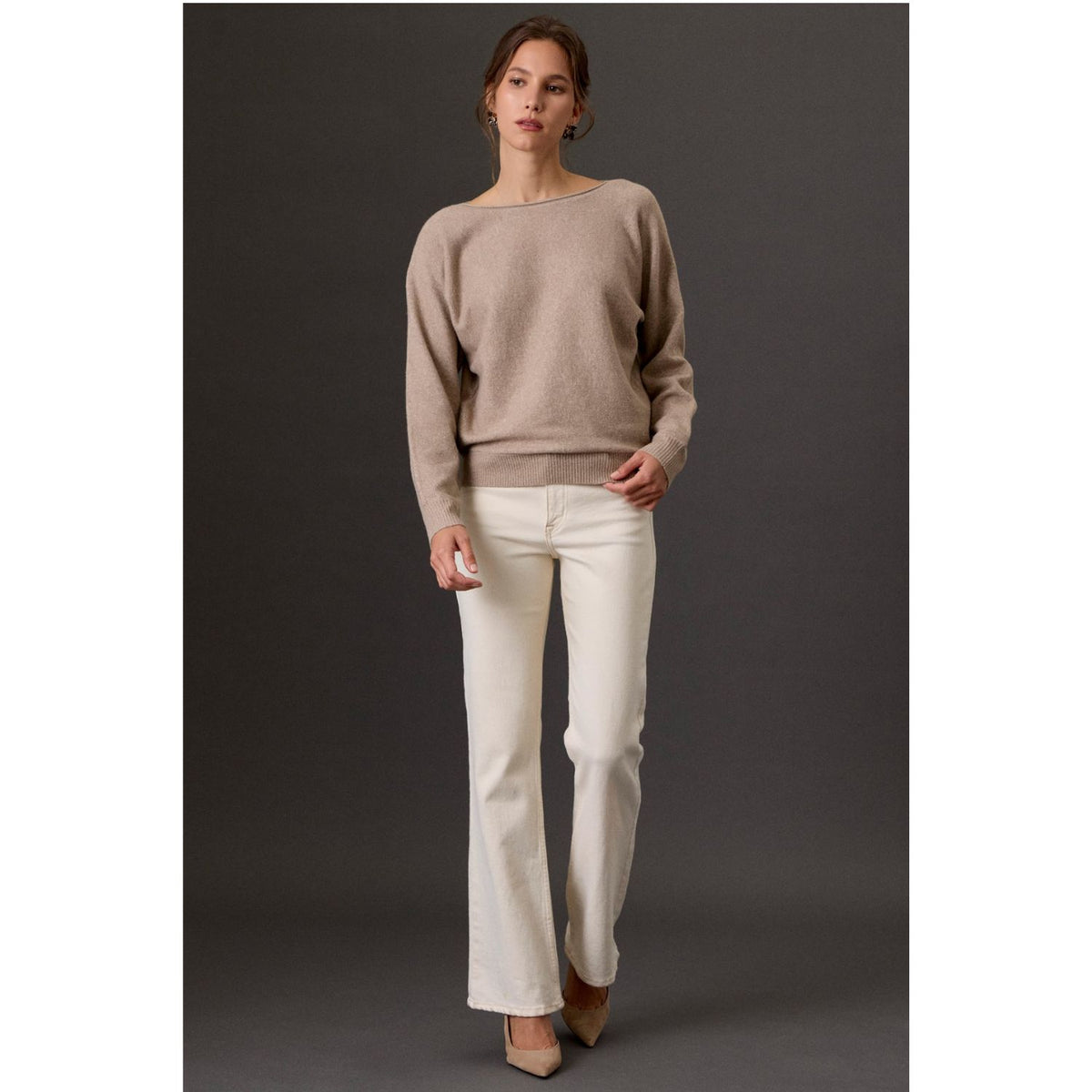 Women's heathered boat neck knit sweater with long sleeves, ribbed cuffs, rolled-edge details, and a relaxed fit