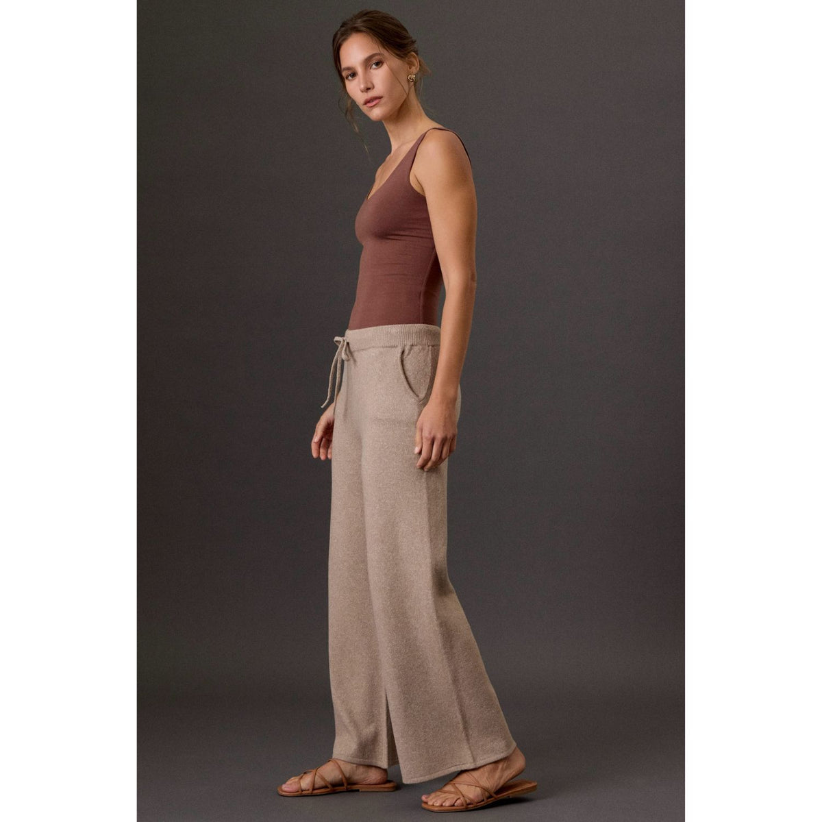 Women's ultra-soft sweater knit wide leg pants with a drawstring waistband and relaxed fit