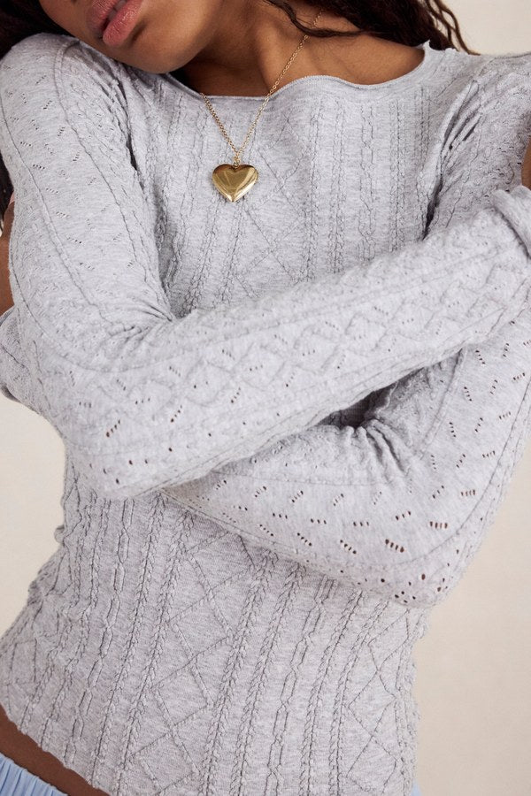 Free People So Soft Seamless Modal Cable Long Sleeve in Heather Grey, close-up detail view