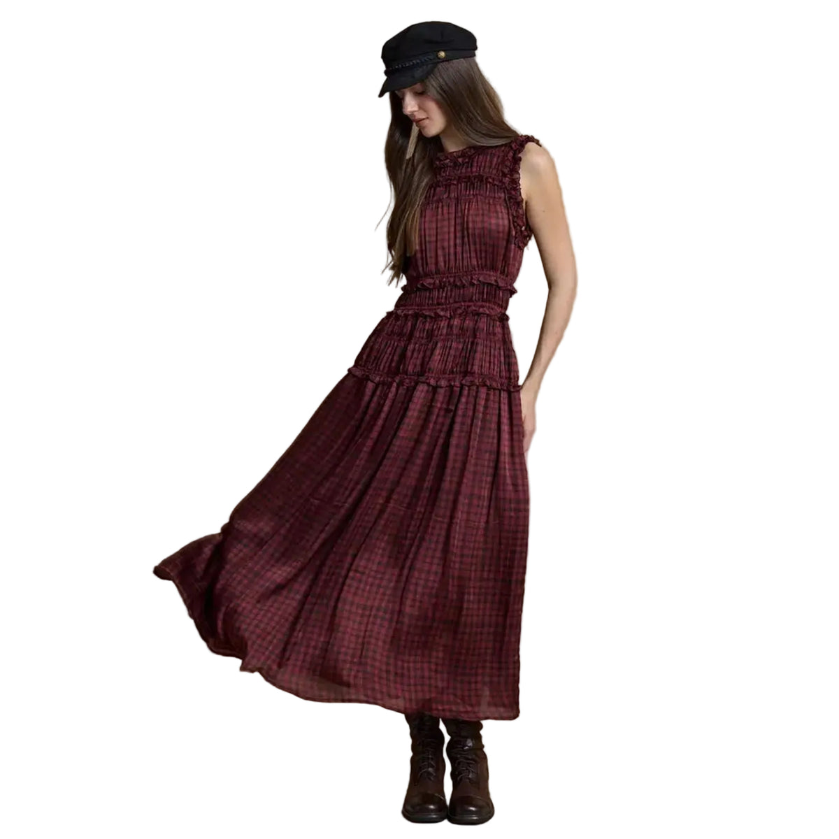 Plaid Ruffle Trim Smocked Maxi Dress-RAISONNEL-EC13572