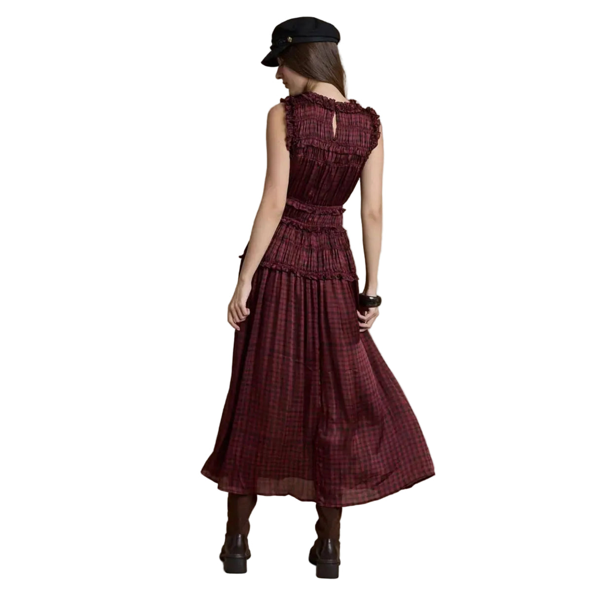 Plaid Ruffle Trim Smocked Maxi Dress-RAISONNEL-EC13572
