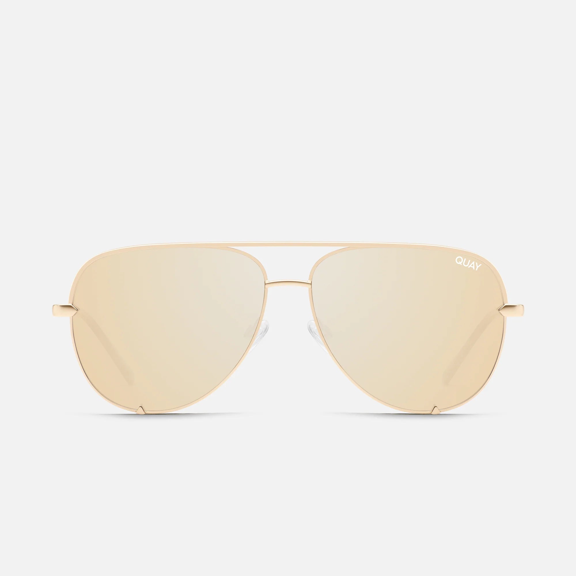Quay High Key Polarized Gold. Keep it High Key with these bestselling aviators designed to flatter every face shape and size. This fan fave features a flat, polarized oversized lens that perfectly balances weight and durability.
