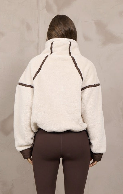 Vintage Havana Sherpa Quarter Zip in Light Beige Brown, back view