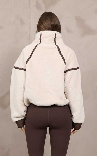 Vintage Havana Sherpa Quarter Zip in Light Beige Brown, back view