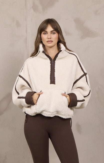 Vintage Havana Sherpa Quarter Zip in Light Beige Brown, front view